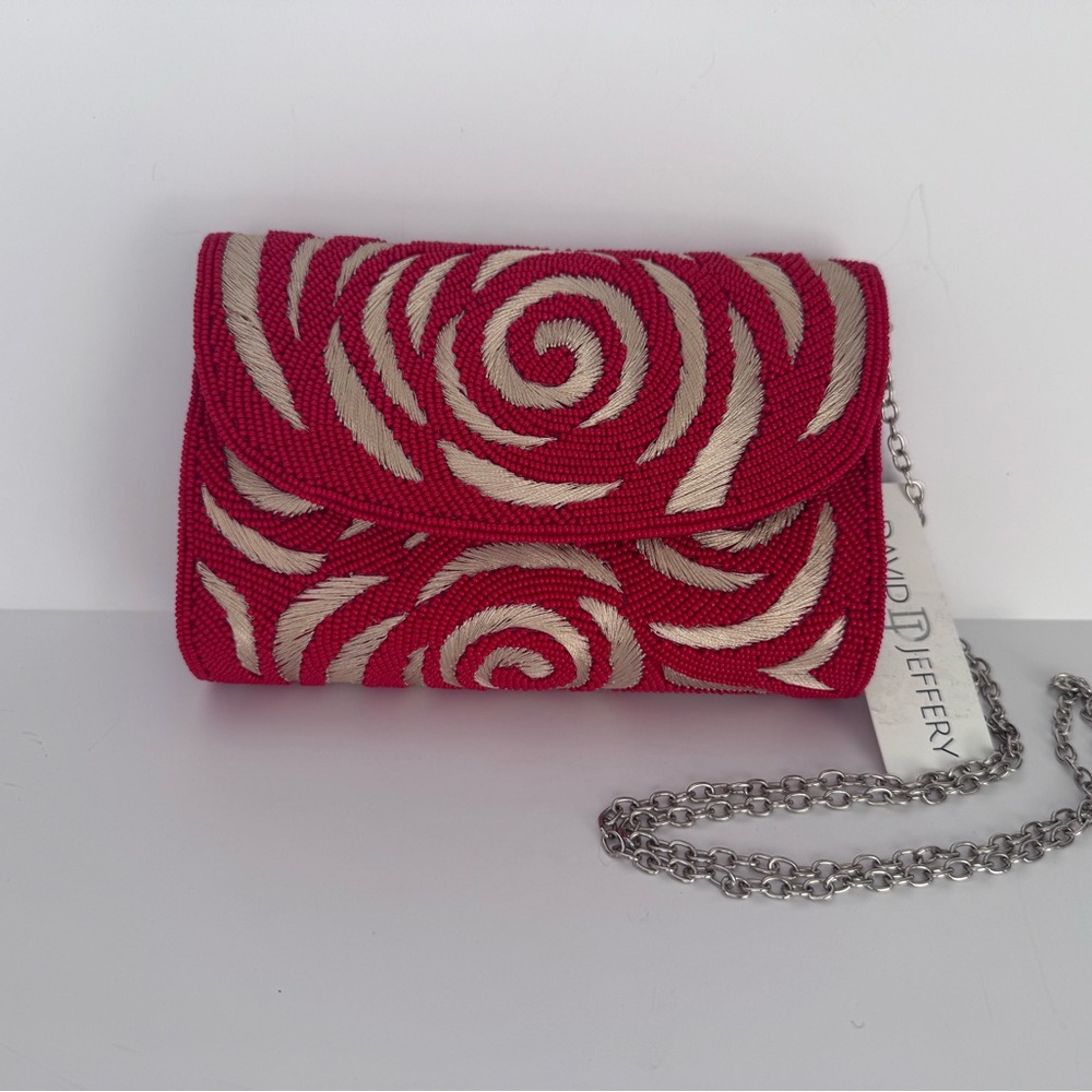 David Jeffery Red Beaded Clutch Purse with Detachable Chain Strap NWT